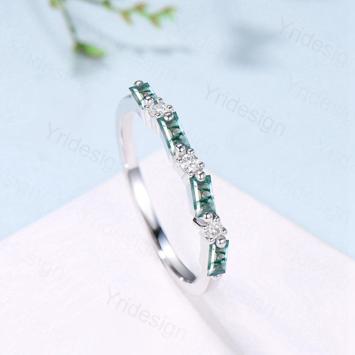 Vintage Baguette Cut Moss Agate Wedding Band Women Unique Natural Agate Stackable Ring Half Eternity Matching Band Promise Anniversary Gift - PENFINE