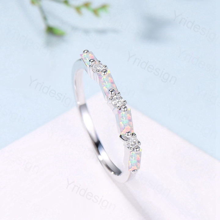 Unique Baguette cut Opal wedding band Vintage Moissanite wedding band Half eternity anniversary Wedding band Bridal Matching Stackable band - PENFINE