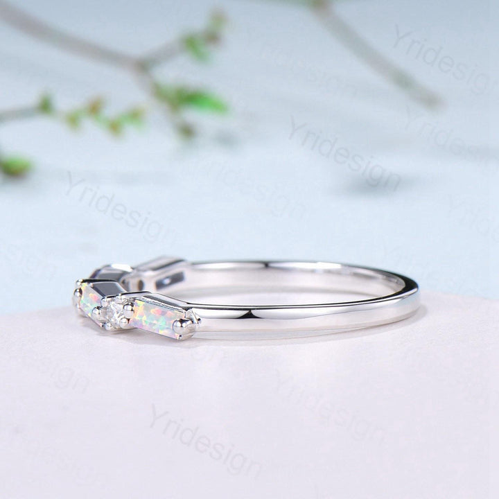 Unique Baguette cut Opal wedding band Vintage Moissanite wedding band Half eternity anniversary Wedding band Bridal Matching Stackable band - PENFINE