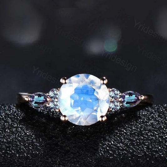 1ct Round Natural Moonstone Engagement Ring Color-Change Marquise Alexandrite Wedding Ring Women June Birthstone Anniversary Promise Gift - PENFINE