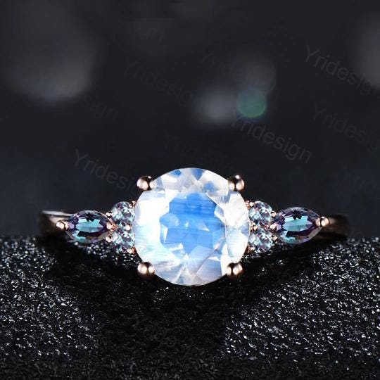 1ct Round Natural Moonstone Engagement Ring Color-Change Marquise Alexandrite Wedding Ring Women June Birthstone Anniversary Promise Gift - PENFINE