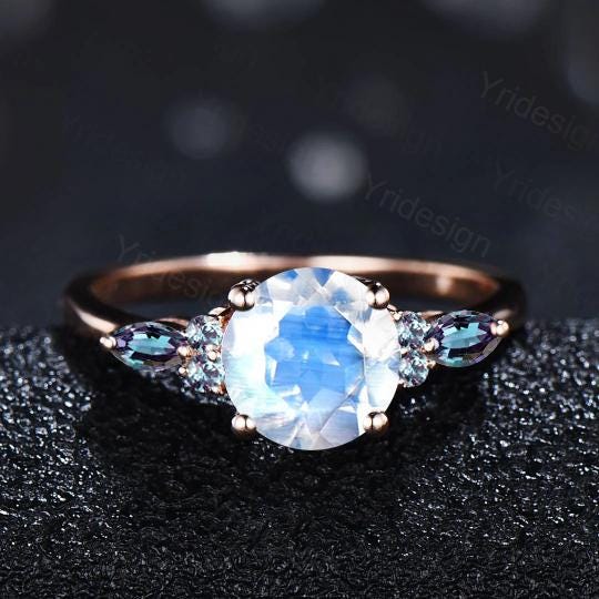 1ct Round Natural Moonstone Engagement Ring Color-Change Marquise Alexandrite Wedding Ring Women June Birthstone Anniversary Promise Gift - PENFINE