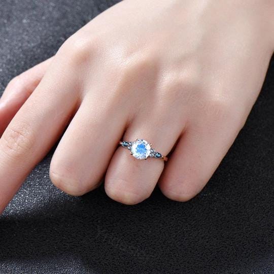 1ct Round Natural Moonstone Engagement Ring Color-Change Marquise Alexandrite Wedding Ring Women June Birthstone Anniversary Promise Gift - PENFINE
