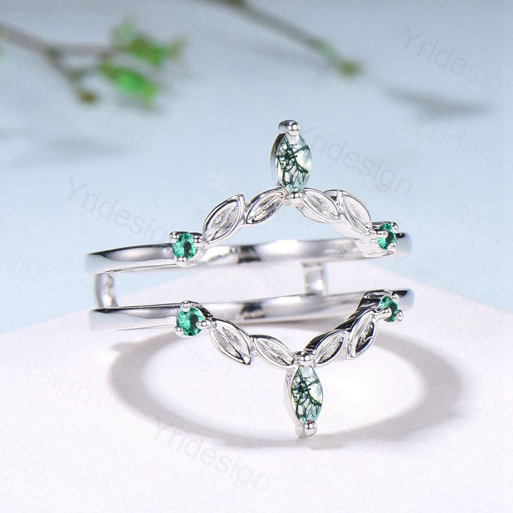 Vintage Marquise Cut Moss Agate Wedding Band Ring Ladies Emerald Wedding Ring Curved Enhancer Stacking Bridal Matching Ring Anniversary Gift - PENFINE