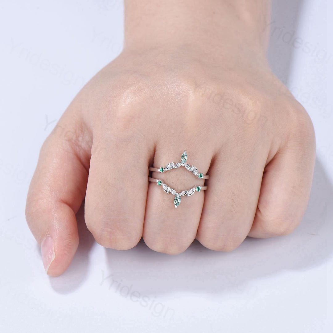 Vintage Marquise Cut Moss Agate Wedding Band Ring Ladies Emerald Wedding Ring Curved Enhancer Stacking Bridal Matching Ring Anniversary Gift - PENFINE