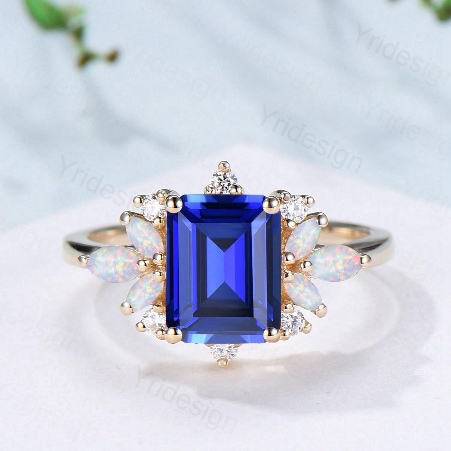 Vintage Sapphire Engagement Ring Emerald Cut 14K Yellow Gold Cluster Marquise Cut White Opal Wedding Ring Anniversary Promise Gift For Women - PENFINE