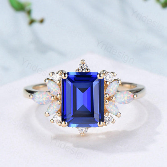 Vintage Sapphire Engagement Ring Emerald Cut 14K Yellow Gold Cluster Marquise Cut White Opal Wedding Ring Anniversary Promise Gift For Women - PENFINE
