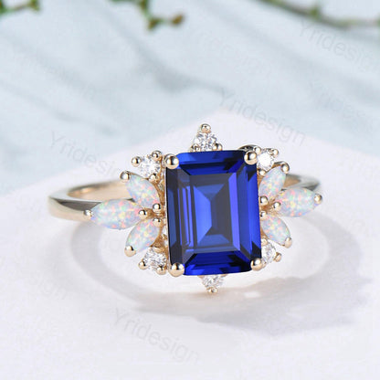 Vintage Sapphire Engagement Ring Emerald Cut 14K Yellow Gold Cluster Marquise Cut White Opal Wedding Ring Anniversary Promise Gift For Women - PENFINE