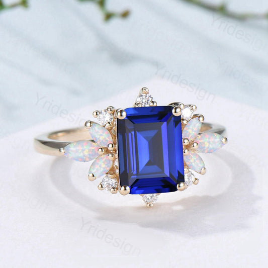 Vintage Sapphire Engagement Ring Emerald Cut 14K Yellow Gold Cluster Marquise Cut White Opal Wedding Ring Anniversary Promise Gift For Women - PENFINE