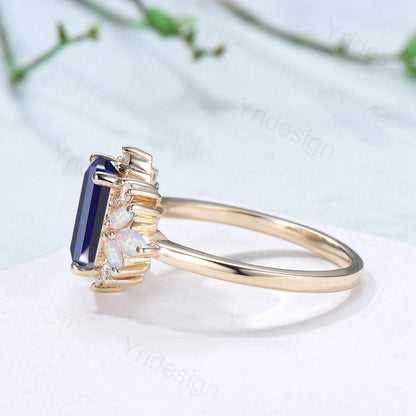 Vintage Sapphire Engagement Ring Emerald Cut 14K Yellow Gold Cluster Marquise Cut White Opal Wedding Ring Anniversary Promise Gift For Women - PENFINE