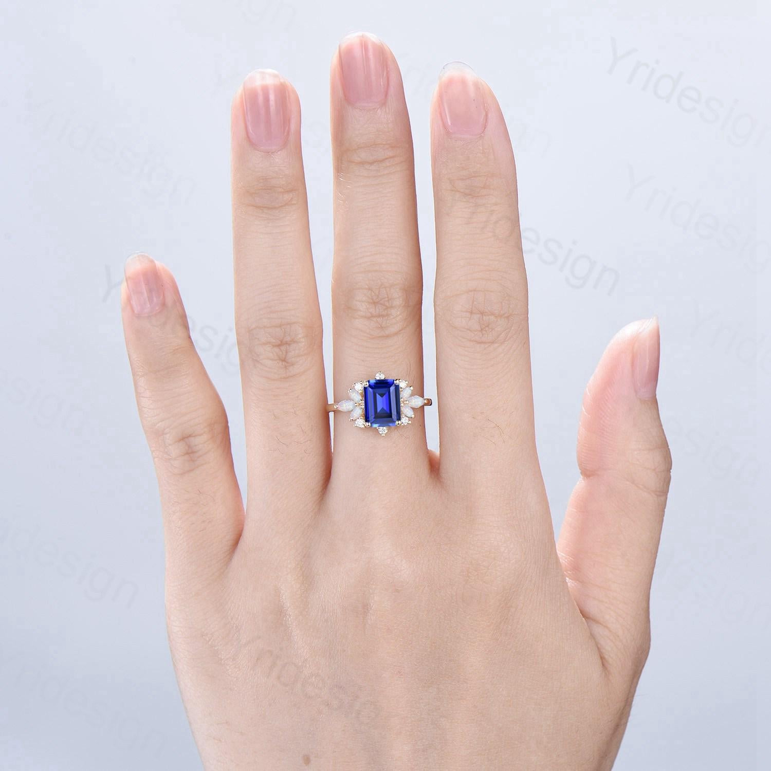 Vintage Sapphire Engagement Ring Emerald Cut 14K Yellow Gold Cluster Marquise Cut White Opal Wedding Ring Anniversary Promise Gift For Women - PENFINE