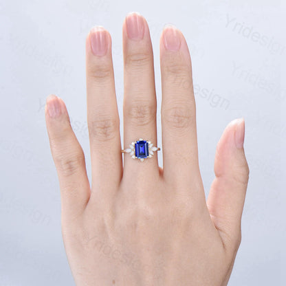 Vintage Sapphire Engagement Ring Emerald Cut 14K Yellow Gold Cluster Marquise Cut White Opal Wedding Ring Anniversary Promise Gift For Women - PENFINE