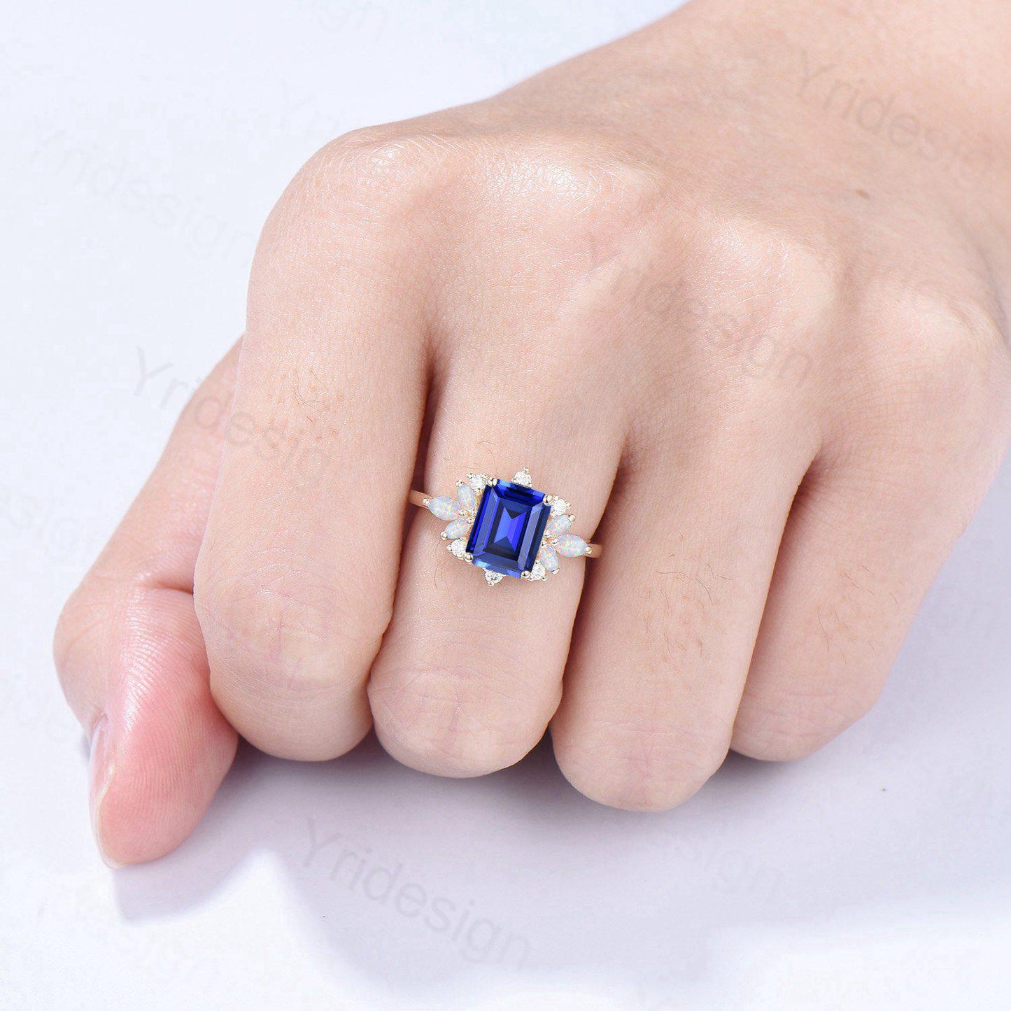 Vintage Sapphire Engagement Ring Emerald Cut 14K Yellow Gold Cluster Marquise Cut White Opal Wedding Ring Anniversary Promise Gift For Women - PENFINE