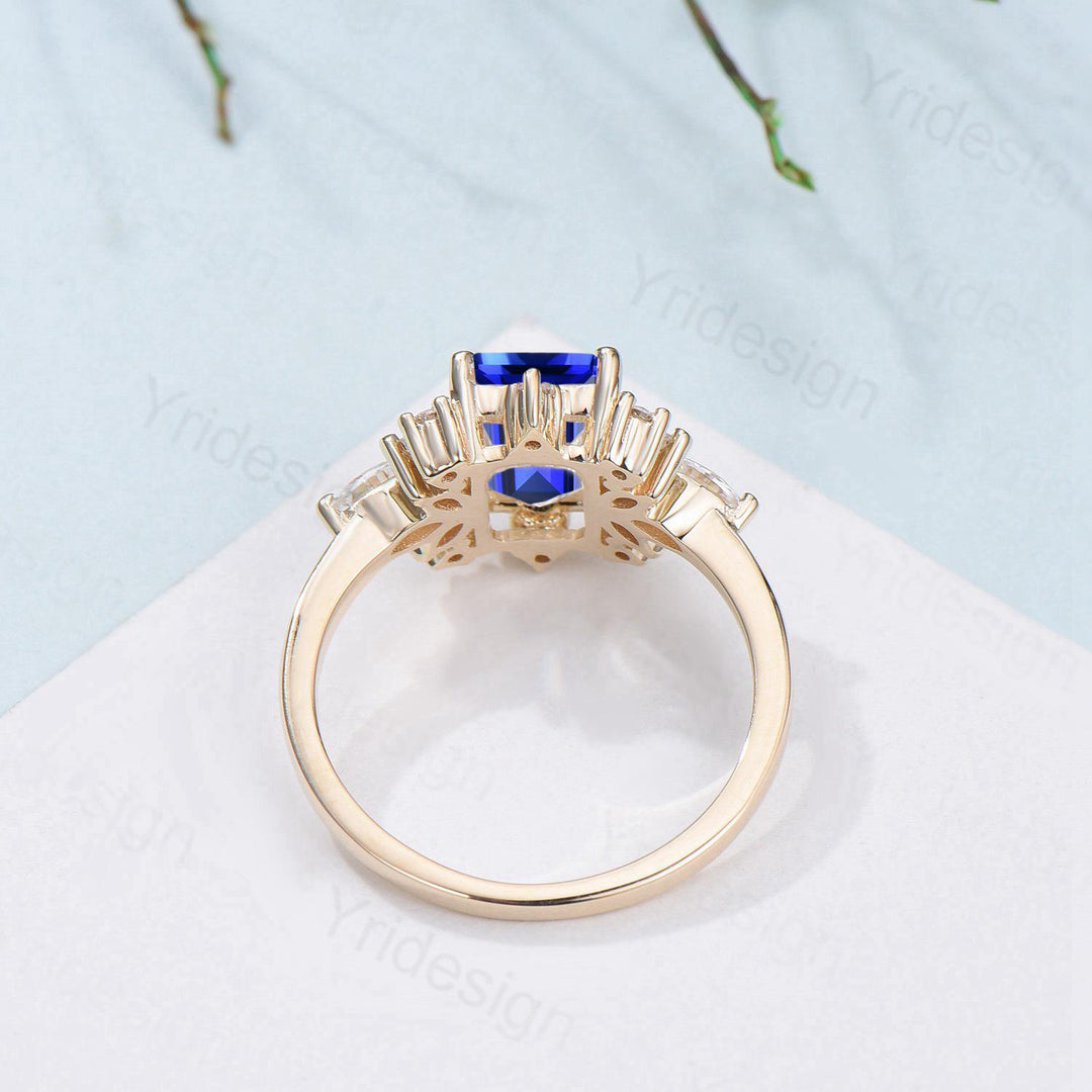 Vintage Sapphire Engagement Ring Emerald Cut 14K Yellow Gold Cluster Marquise Cut White Opal Wedding Ring Anniversary Promise Gift For Women - PENFINE