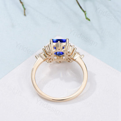 Vintage Sapphire Engagement Ring Emerald Cut 14K Yellow Gold Cluster Marquise Cut White Opal Wedding Ring Anniversary Promise Gift For Women - PENFINE