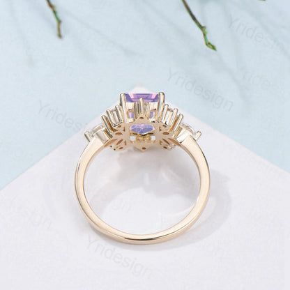 Vintage Lavender Amethyst Engagement Ring Emerald Cut 14K Yellow Gold Cluster Marquise Cut White Opal Wedding Ring Anniversary Promise Gift - PENFINE