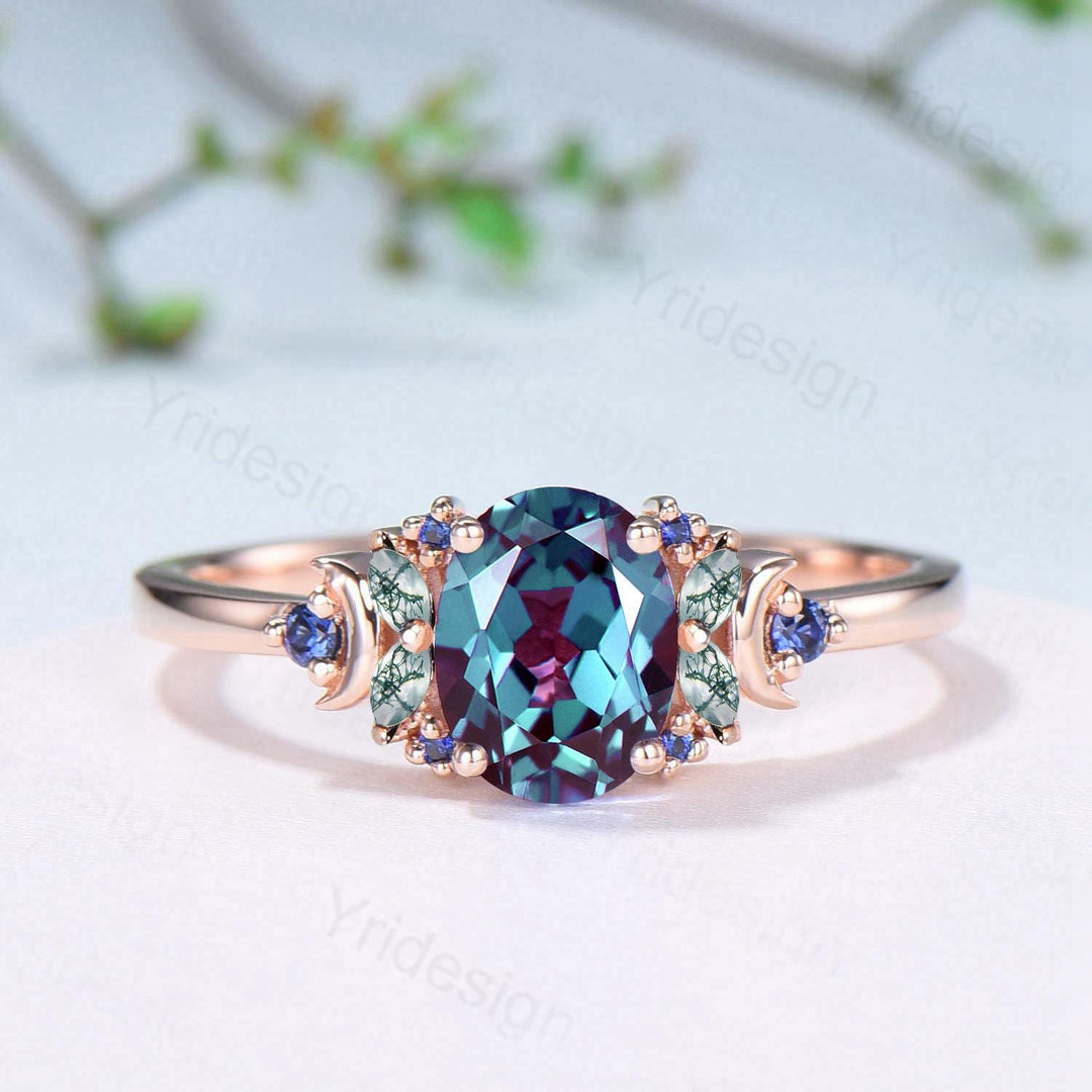 Unique Oval Alexandrite Engagement Ring Cluster Sapphire Marquise Moss Agate Moon Ring Floral Rose Gold Handmade Anniversary Proposal Gift - PENFINE