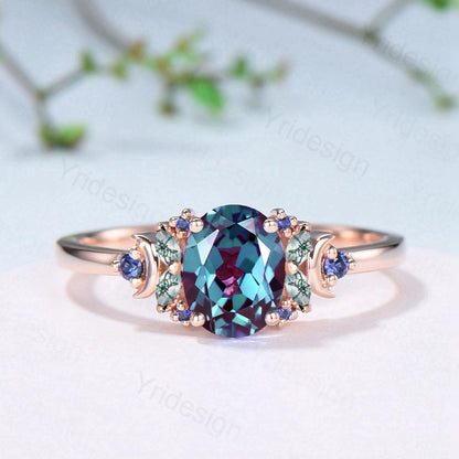 Unique Oval Alexandrite Engagement Ring Cluster Sapphire Marquise Moss Agate Moon Ring Floral Rose Gold Handmade Anniversary Proposal Gift - PENFINE