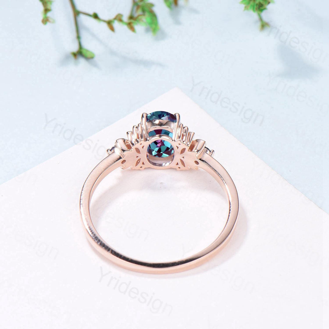 Unique Oval Alexandrite Engagement Ring Cluster Sapphire Marquise Moss Agate Moon Ring Floral Rose Gold Handmade Anniversary Proposal Gift - PENFINE
