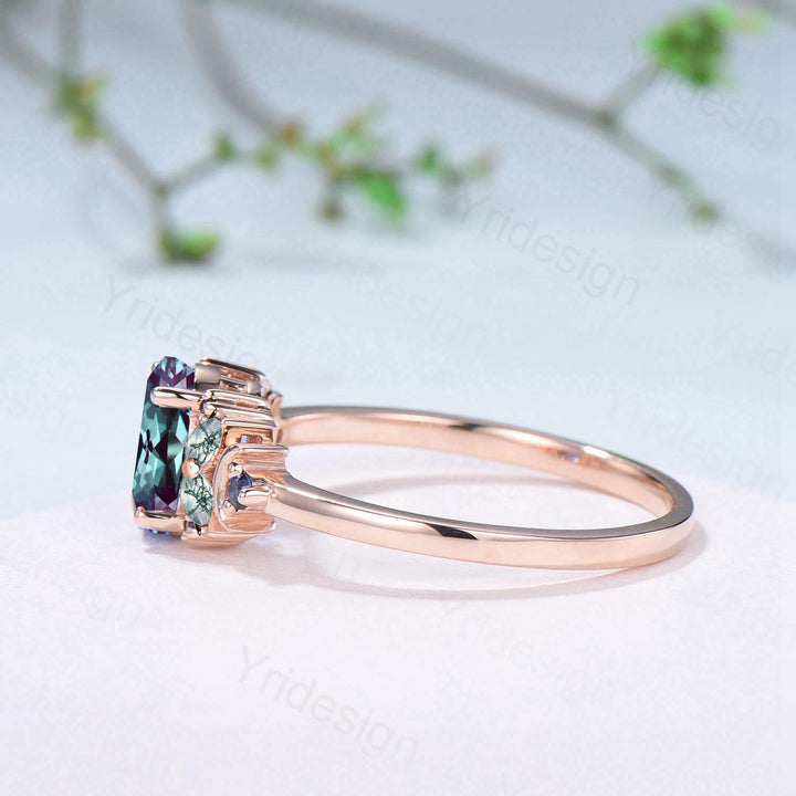 Unique Oval Alexandrite Engagement Ring Cluster Sapphire Marquise Moss Agate Moon Ring Floral Rose Gold Handmade Anniversary Proposal Gift - PENFINE