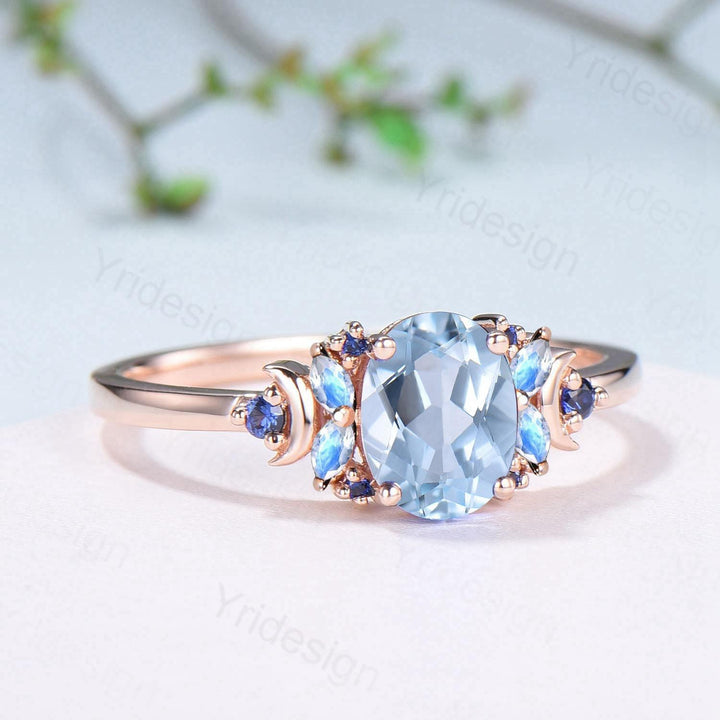 Unique Natural Oval Aquamarine Engagement Ring Cluster Sapphire Moonstone Moon Wedding Ring Floral 14K Rose Gold Anniversary Proposal Gift - PENFINE