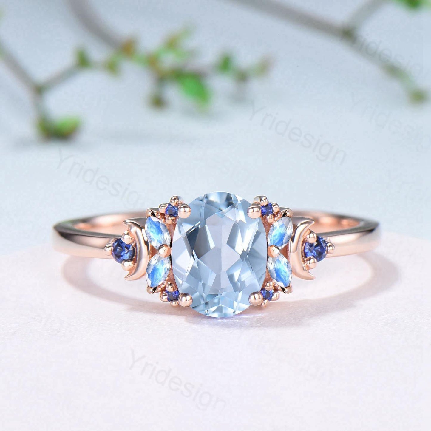 Unique Natural Oval Aquamarine Engagement Ring Cluster Sapphire Moonstone Moon Wedding Ring Floral 14K Rose Gold Anniversary Proposal Gift - PENFINE