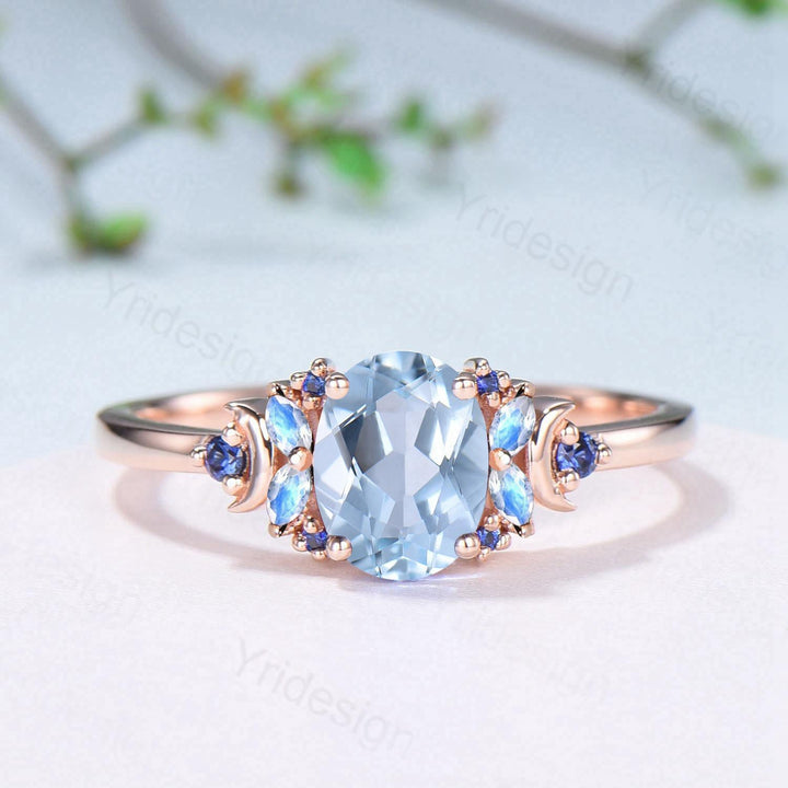 Unique Natural Oval Aquamarine Engagement Ring Cluster Sapphire Moonstone Moon Wedding Ring Floral 14K Rose Gold Anniversary Proposal Gift - PENFINE