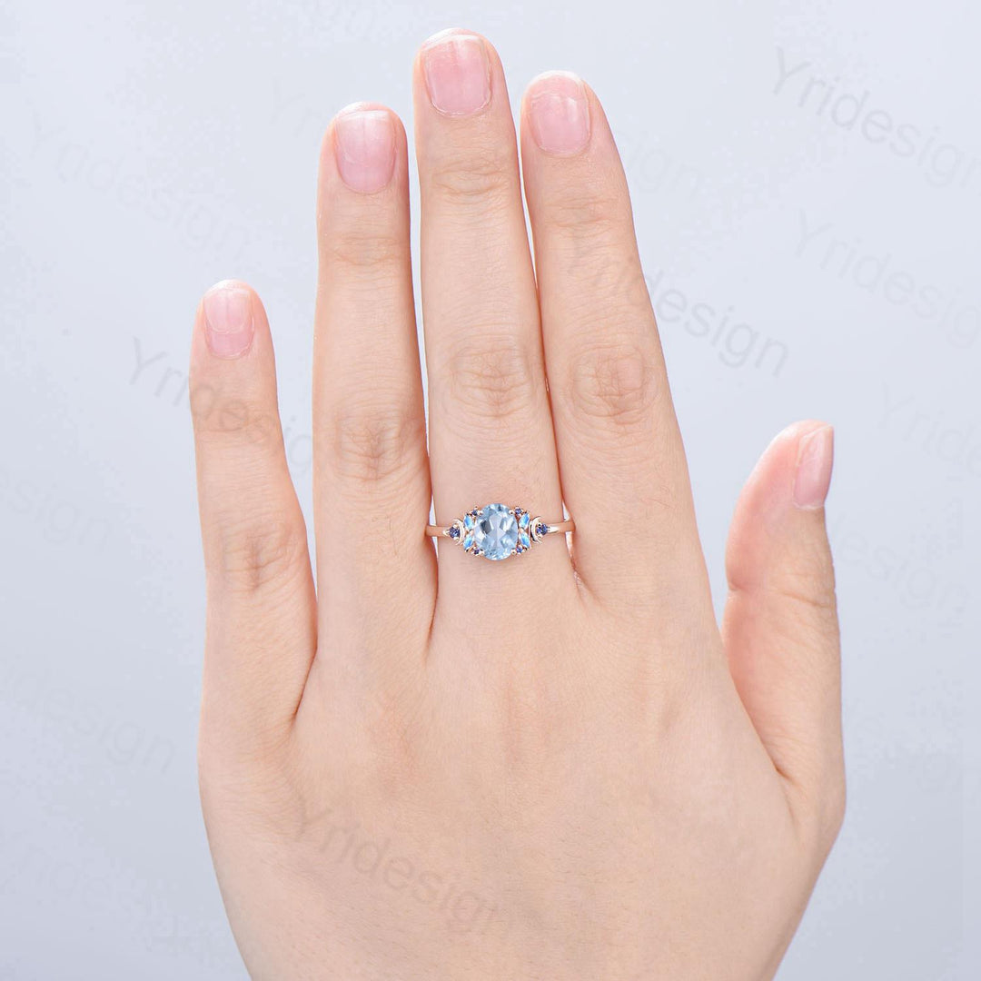 Unique Natural Oval Aquamarine Engagement Ring Cluster Sapphire Moonstone Moon Wedding Ring Floral 14K Rose Gold Anniversary Proposal Gift - PENFINE