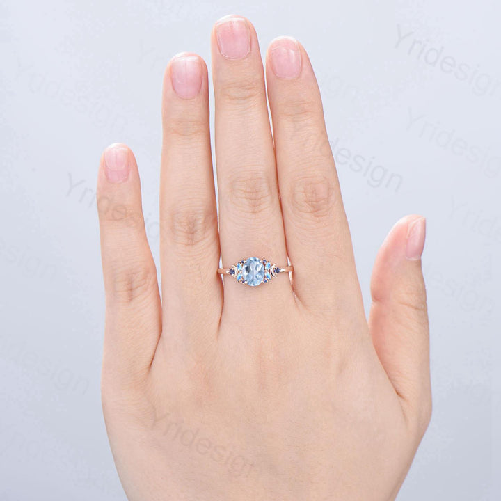 Unique Natural Oval Aquamarine Engagement Ring Cluster Sapphire Moonstone Moon Wedding Ring Floral 14K Rose Gold Anniversary Proposal Gift - PENFINE