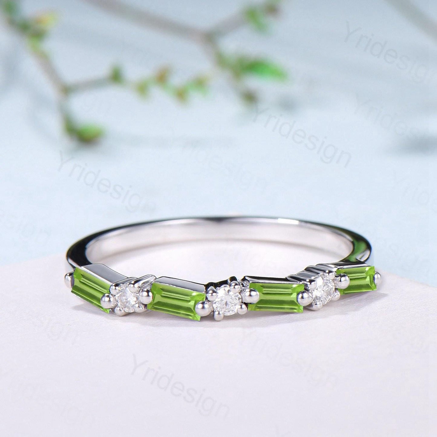 Vintage Baguette Cut Peridot Wedding Band Women Unique August Birthstone Stackable Ring Half Eternity Matching Band Promise Anniversary Gift - PENFINE