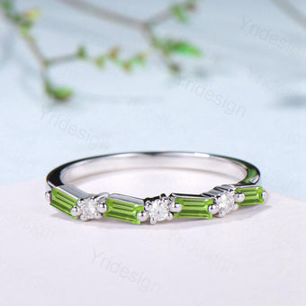 Vintage Baguette Cut Peridot Wedding Band Women Unique August Birthstone Stackable Ring Half Eternity Matching Band Promise Anniversary Gift - PENFINE