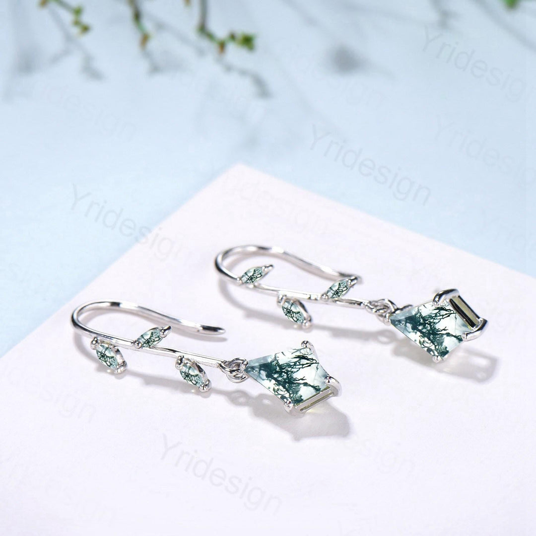 Vintage kite moss agate earrings Unique pinwheel earrings marquise agate drop stud earrings dainty green gemstone anniversary promise gift - PENFINE