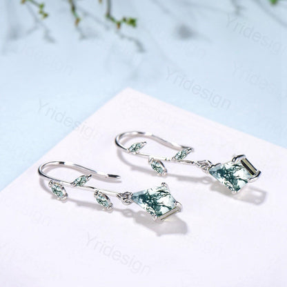 Vintage kite moss agate earrings Unique pinwheel earrings marquise agate drop stud earrings dainty green gemstone anniversary promise gift - PENFINE