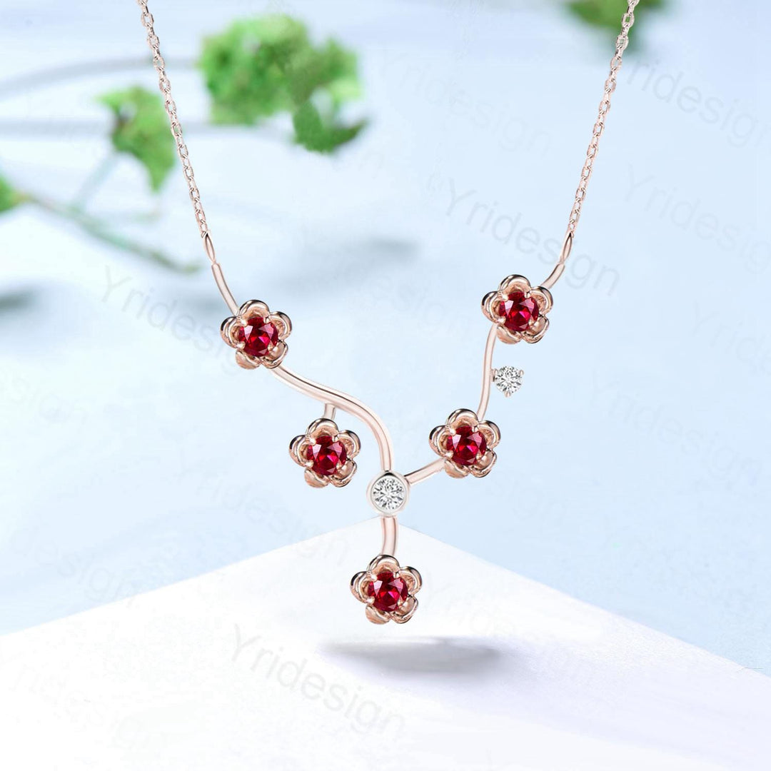 Unique Enhanced Floral Red Ruby Necklace Nature Inspired Ruby Necklace  Flower Pendant Snowflake branch pendant Anniversary gift for women - PENFINE