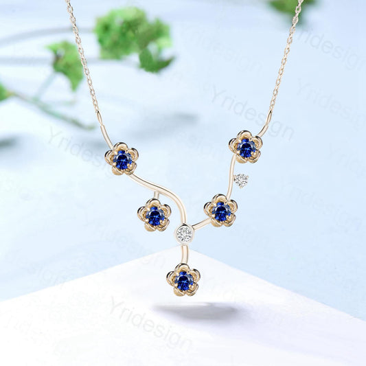 Unique Enhanced Floral Sapphire Necklace Nature Inspired Sapphire Necklace Flower Pendant Snowflake branch Promise Anniversary gift women - PENFINE
