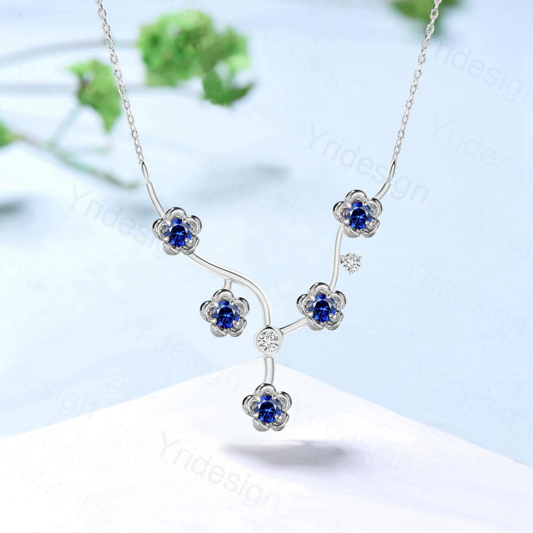 Unique Enhanced Floral Sapphire Necklace Nature Inspired Sapphire Necklace Flower Pendant Snowflake branch Promise Anniversary gift women - PENFINE