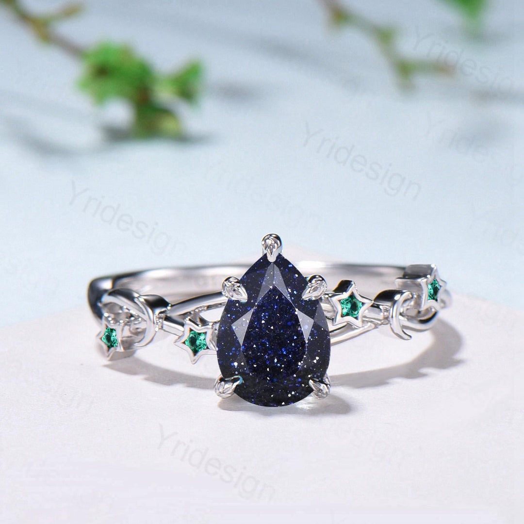 Vintage Pear Shaped Blue Sandstone Engagement Ring Moon Star Cluster Amethyst Wedding Ring Silver Gold Galaxy Leaves Prong Promise Ring - PENFINE