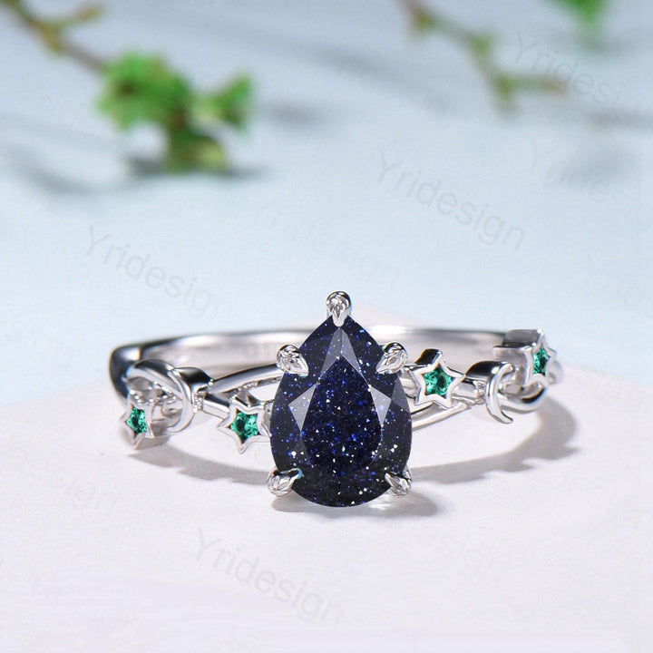 Vintage Pear Shaped Blue Sandstone Engagement Ring Moon Star Cluster Amethyst Wedding Ring Silver Gold Galaxy Leaves Prong Promise Ring - PENFINE