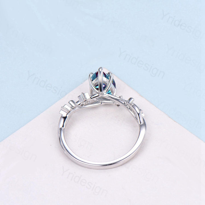 Vintage Pear Shaped Blue Sandstone Engagement Ring Moon Star Cluster Amethyst Wedding Ring Silver Gold Galaxy Leaves Prong Promise Ring - PENFINE