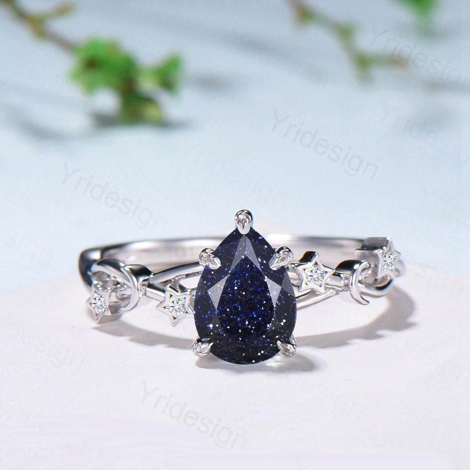 Vintage Pear Shaped Blue Sandstone Engagement Ring Moon Star Cluster Amethyst Wedding Ring Silver Gold Galaxy Leaves Prong Promise Ring - PENFINE