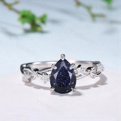 Vintage Pear Shaped Blue Sandstone Engagement Ring Moon Star Cluster Amethyst Wedding Ring Silver Gold Galaxy Leaves Prong Promise Ring - PENFINE