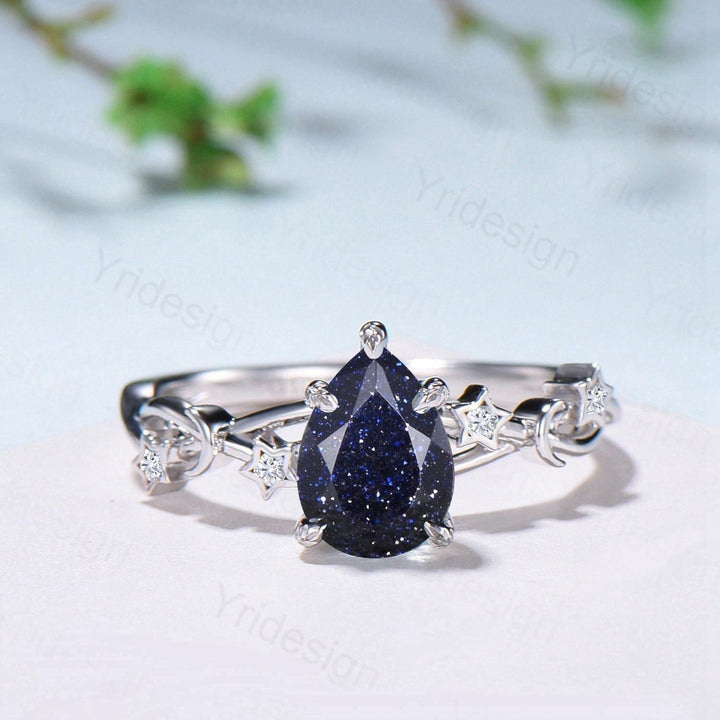 Vintage Pear Shaped Blue Sandstone Engagement Ring Moon Star Cluster Amethyst Wedding Ring Silver Gold Galaxy Leaves Prong Promise Ring - PENFINE