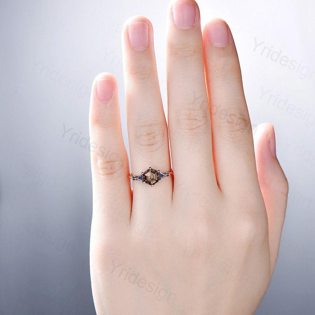 Five Stone Brown Smoky Quartz Engagement Ring Unique Trillion Alexandrite Promise Ring For Women Black Spinel Anniversary Proposal Gift - PENFINE