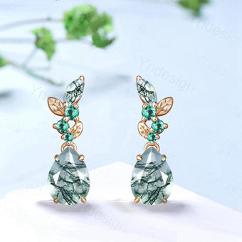 Nature Inspired Pear Moss Agate earrings Emerald Agate Leaf Stud Earrings Silver Green Crystal Earrings Handmade Anniversary Promise Gift - PENFINE