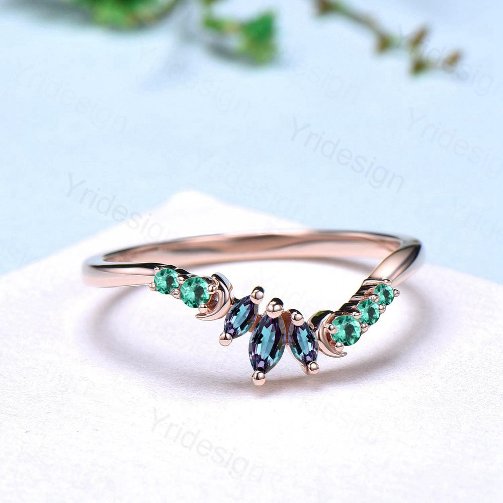 Vintage Alexandrite Emerald Wedding Band Curved Marquise Color Change Stone Moon Wedding Ring Rose Gold Art Deco Stacking Marching Band - PENFINE
