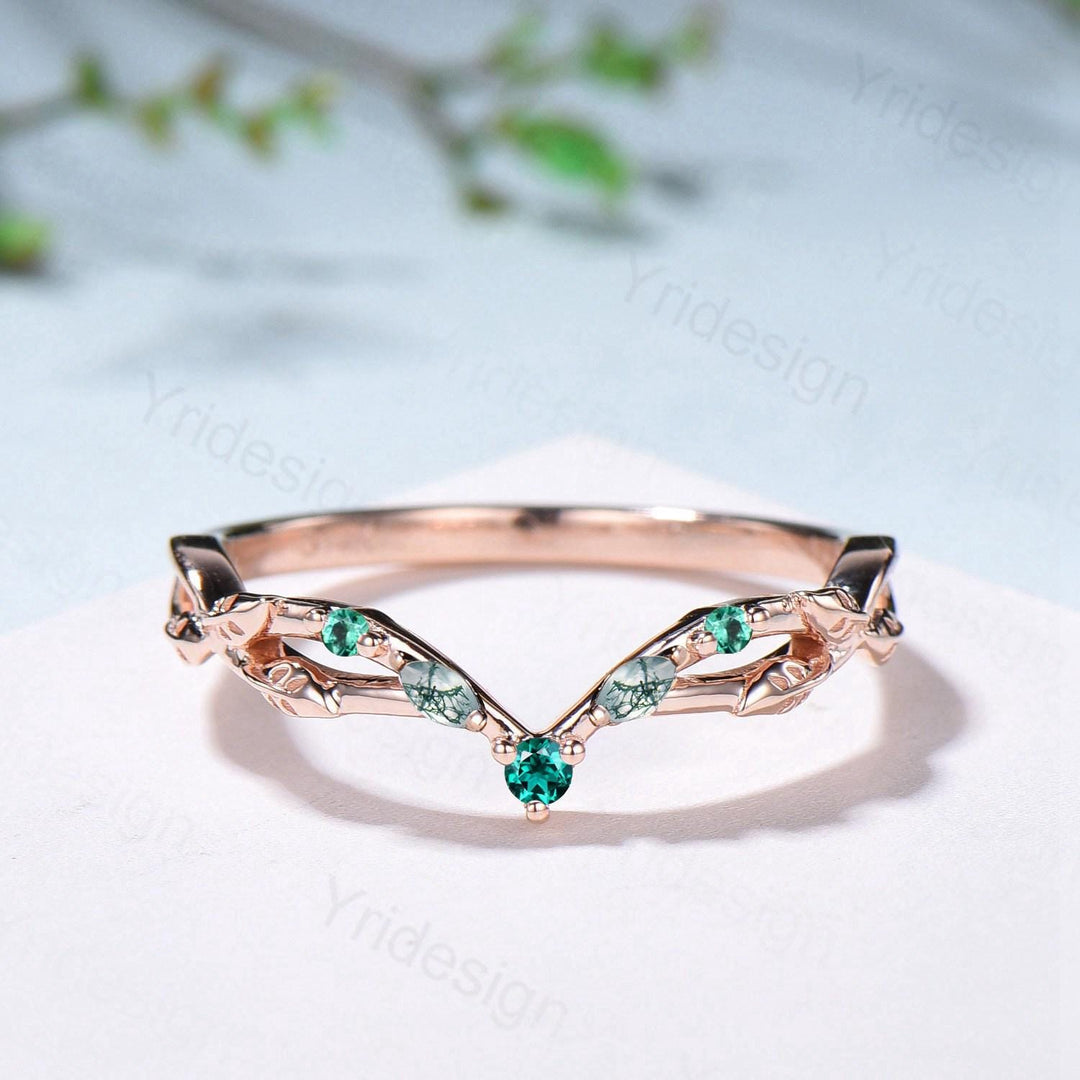 Vintage Curved Marquise Moss Agate Wedding Band Art Deco Leaf Vine Emerald  Stackable Matching Band Evil Eye Wedding Ring Anniversary Gifts - PENFINE