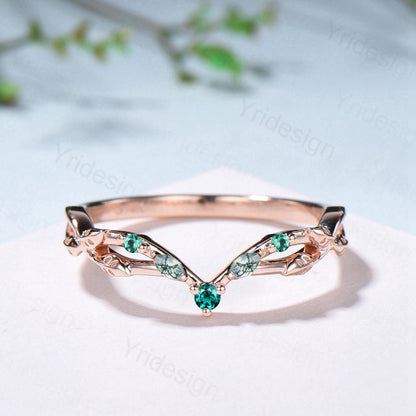 Vintage Curved Marquise Moss Agate Wedding Band Art Deco Leaf Vine Emerald  Stackable Matching Band Evil Eye Wedding Ring Anniversary Gifts - PENFINE