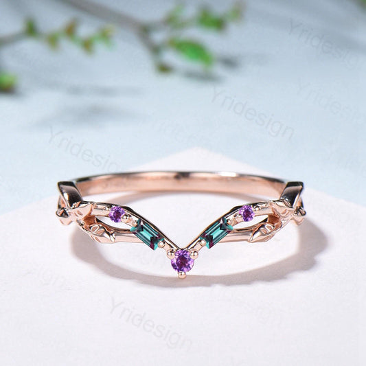 Vintage Curved Baguette Alexandrite Wedding Band Leaf Vine Amethyst Wedding Ring Stackable Matching Band Evil Eye Anniversary Promise Gift - PENFINE