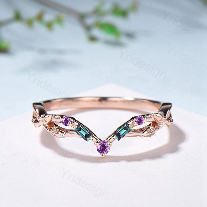 Vintage Curved Baguette Alexandrite Wedding Band Leaf Vine Amethyst Wedding Ring Stackable Matching Band Evil Eye Anniversary Promise Gift - PENFINE