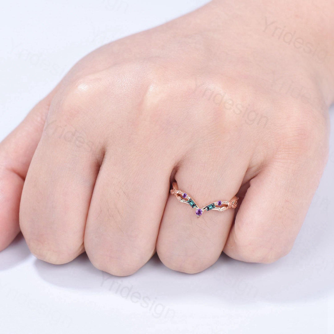 Vintage Curved Baguette Alexandrite Wedding Band Leaf Vine Amethyst Wedding Ring Stackable Matching Band Evil Eye Anniversary Promise Gift - PENFINE